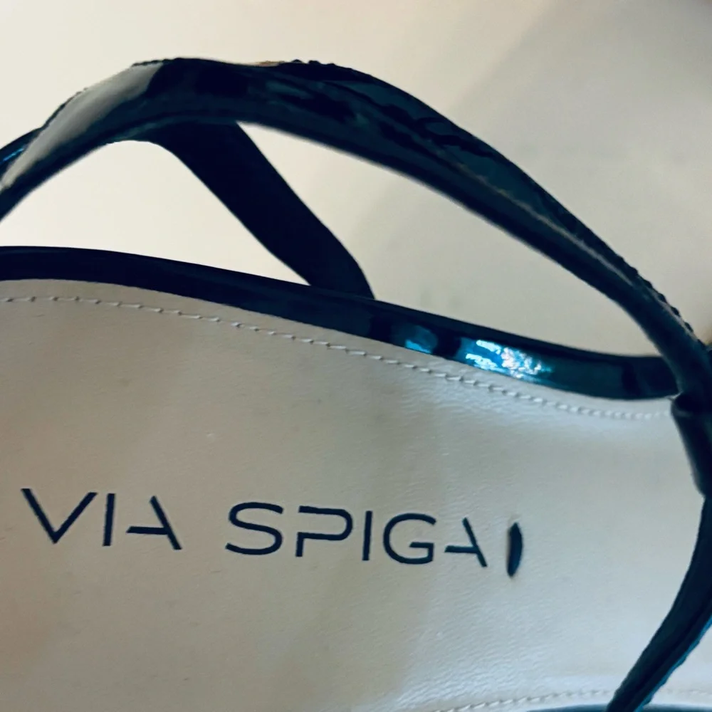 Via Spiga Patent Leather Wedge Platform Sandals Espadrille Cork Sole, Black, 9